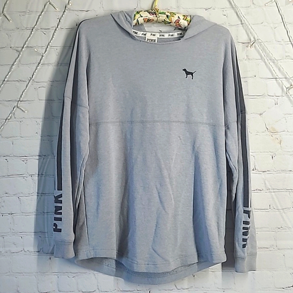 2014 Victoria's Secret PINK Logo Long Sleeve Gray Oversized Hooded Tee Womens XS